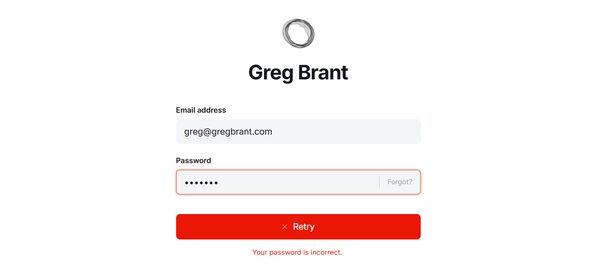 A screenshot showing a failed login attempt at the Ghost blog login screen.